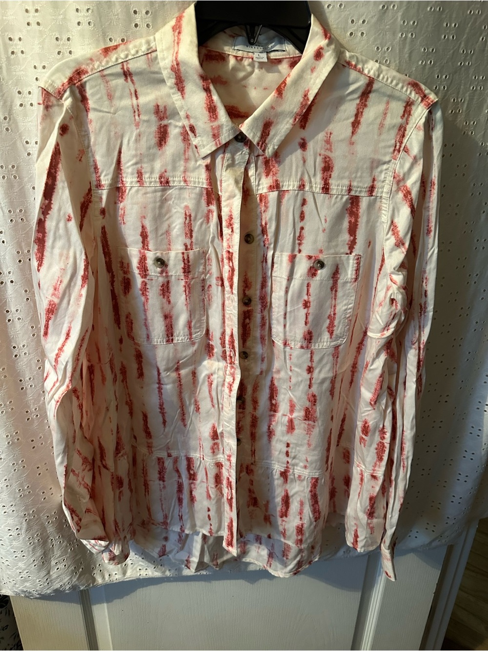 new directions White Button-Up Shirt with Red Brushstroke Stripes